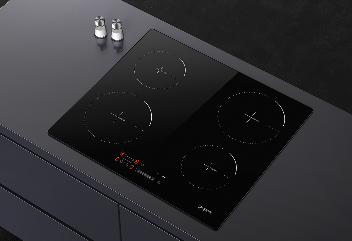 Παρουσιάζει την εστία τοποθετημένη σε έναν πάγκο